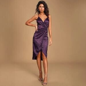 A041 • Purple Leopard Satin Midi Dress